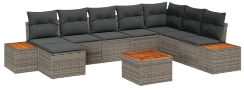 vidaXL 9-teiliges Garten-Sofaset mit Kissen in Grau aus Poly-Rattan. Robuste Outdoor-Sitzgruppe für 6 Personen. Ideal für Balkon- oder Terrassentreffen. Modulare Lounge-Möbel im modernen Design.