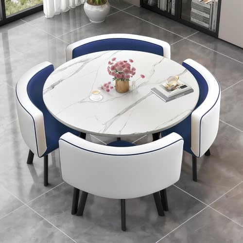 AMZSEW Kitchen Dining Table and Chairs Set 4,Modern Breakfast Bar Table And Chair- Dining Room Sets Back Faux Leather Chair, for Small Spaces Coffee Kitchen meeting table (Blue 90cm)