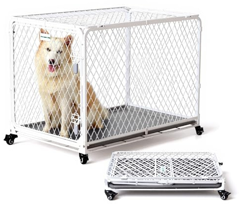 42 Inch Collapsible Dog Crate with Diamond Mesh, No-Tool Assembly Foldable Dog Kennel with 4 Lockable Wheels,Removable Tray,Portable Dog Cage for Medium/Large Dogs, Space-Saving, Indoor Outdoor Use