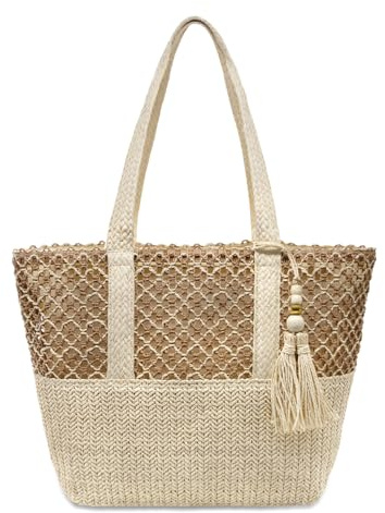 YAMEIZE Stroh Strandtasche für Damen Faltbare Große Gewebte Strohtasche Tasche Schultertasche mit Reißverschluss Sommerurlaub