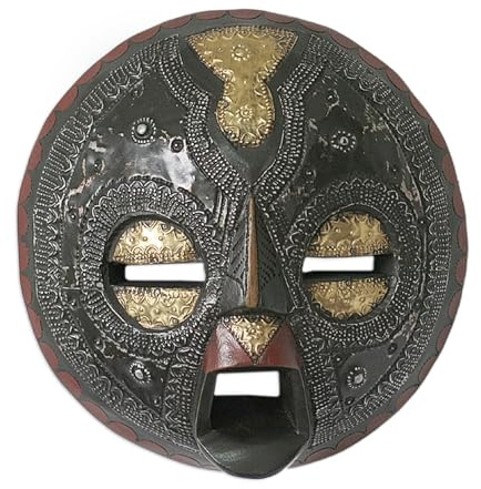 NOVICA Ghanaian Sese Wood Wall Mask with Brass and Aluminum Accents, 'Sign of Protection'