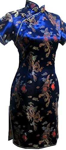 UK Seller Navy Blue Dragon & Phoenix Chinese Short Evening Mini Party Dress Cheongsam Qipao Despatch Same Working Day (UK 12)