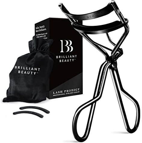 Brilliant Beauty Eyelash Curler with Satin Bag & Refill Pads - Award Winning Eye Lash Curlers for Dramatically Curled Eyelashes & Lash Lift in Seconds (Jet Black)