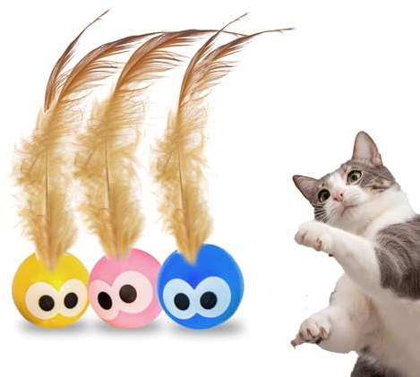 Bouncy Tails 3-Pack Cat Ball Toy with Natural Feathers, Interactive Cat Toys for Bored Indoor Adult Cats, Feather Cat Toy for Indoor Cats and Playful Kittens