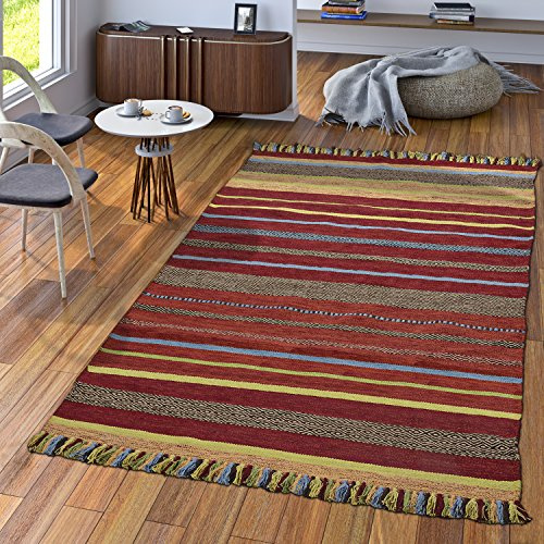 TT Home Handwebteppich Wohnzimmer Natur Webteppich Kelim Baumwolle Streifen Mehrfarbig, Größe:60x110 cm