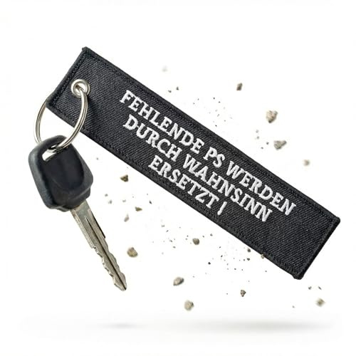 RENEGADE Motorrad Schlüsselanhänger aus Stoff mit Schlüsselring bestickt & kratzfest (130 x 30 mm, schwarz). Ideal für Ihr Motorrad (Fehlende PS)