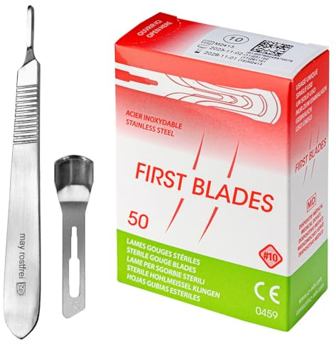 May Set: 50 Hohlmeißelklingen Fig. 10 & Halter flach | 50x sterile Einwegklingen aus robustem Karbonstahl inkl. langlebigem Edelstahl-Skalpellhalter