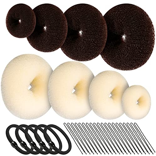 FANDAMEI 8pcs Hair Donut Bun - Dark Brown & Beige Donut Bun Maker, 5pcs Hair Bands, 20 pcs Hair Pins