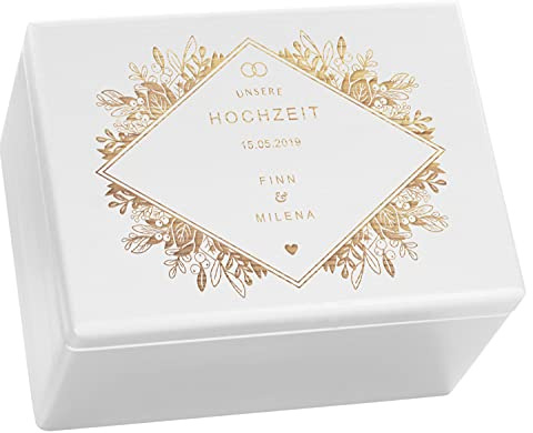 LAUBLUST Personalisierte Hochzeitskiste Erinnerung | Hochzeits Erinnerungsbox mit Gravur - Florale Raute | Geschenke für Brautpaar - FSC® (Weiß ohne Verschluss, ca. 40 x 30 x 24 cm | XL)