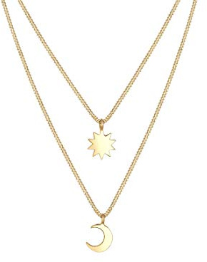 Elli Halskette Damen mit Halbmond Sonne Anhänger im Astro Layer Look in 925 Sterling Silber vergoldet 40 cm Länge