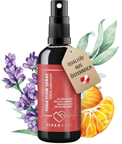 Alpenherz Yoga Flow Raumspray - 100 ml naturrein mit ätherischem Lavendelöl, Mandarine & Muskatellersalbei Yogamatten Reiniger Kissenspray WC Duft Duftspray Toilette Raumduft - vegan Zertifiziert