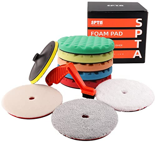 SPTA Kit de 10 almohadillas de pulido, almohadillas de pulido de tamaño grande de 7 pulgadas, kit de almohadillas de esponja de espuma para coche con placa de respaldo de 5/8 a 11 pulgadas para pulido