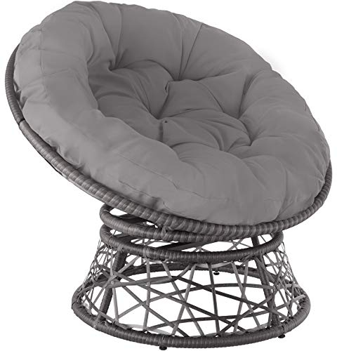 tectake® Papasansessel, gemütlicher Drehsessel mit Kissen rund, bequemer Rattansessel, Loungesessel drehbar, runder Relax Korbsessel Rattan für Wohnzimmer, Leseecke, Lounge - grau