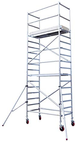 AC Steigtechnik Basic-M Rollgerüst - Aluminium Arbeitsgerüst, fahrbares Baugerüst, mobiles Gerüst für Innen & Außen, DIN EN 1004, 2x Plattform mit Luke, 6,30 m Arbeitshöhe