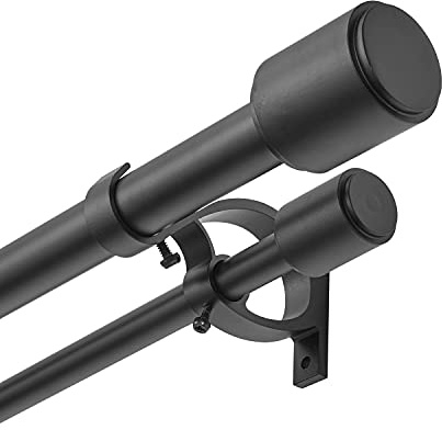 Kemmie 1 Window Treatment Curtain Rod with Cylindrical Cap Finials, Double Drapery Rod Adjustable Length 72-144, Matted Black