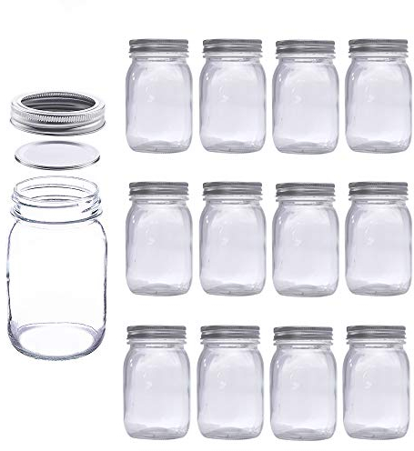 MEETOZ Lot de 12 bocaux Mason de 500 ml avec couvercles et bandes ordinaires, parfaits pour la confiture, le lave-vaisselle, pour fermentation, le kéfir, le stockage et la mise en conserve (type B)