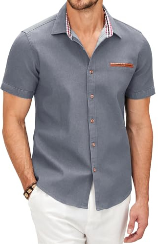 COOFANDY Herrskjorta kortärmad jeansskjorta smal passform bomull vintage fritidsskjorta sommarskjortor för män button down skjorta, LJUSGRÅ, M