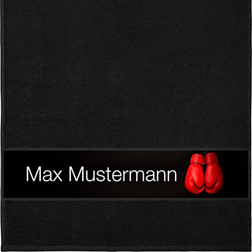Manutextur Handtuch Mit Namen - Personalisiert - Motiv Boxen - Viele Farben - Dusch-Handtuch - Schwarz - Größe 50x100 cm - Persönliches Geschenk Mit Wunsch-Name
