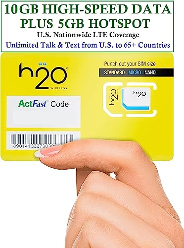 Tarjeta SIM Prepago Física H2O Wireless 90 Días Desde EE. UU. con 10GB de Datos 4G LTE/5G y 5GB de Hotspot, Datos Ilimitados, Llamadas y SMS a 70+ Países, SIM para Teléfonos Móviles en EE. UU