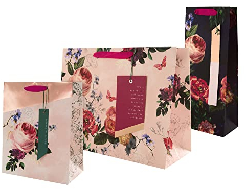 Hallmark Lot de 3 sacs cadeaux, taille M, L et bouteille, 3 motifs floraux roses, anniversaire, anniversaire de mariage, fête des mères