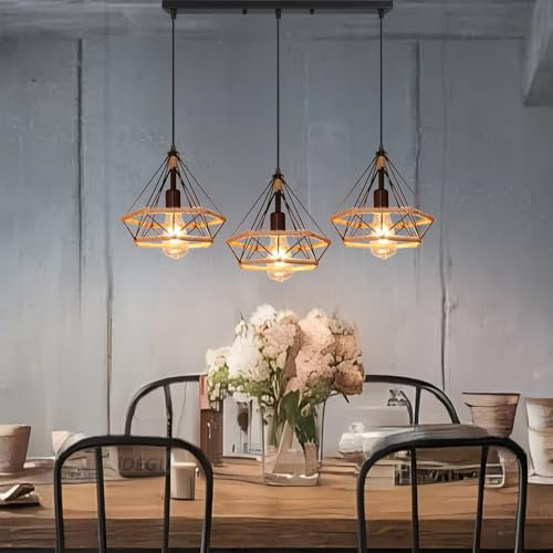 iDEGU 3 Luci Lampadario a Sospensione Vintage 25CM E27 Lampada Soffitto Industriale Design Gabbia in Metallo e Corda di Canapa Retrò Lampada a Sospensione per Sala da Pranzo Cucina (50cm Palo)