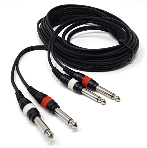 DRUT 6m Twin 6.35mm Mono 2 x Jack to 2 x Jack Shielded Cable Lead, Rubber | Reliefs, Helical PVC Cord, Nickel Connectors (20ft)