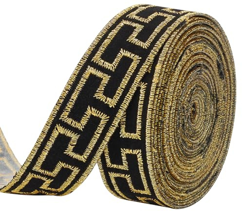 FINGERINSPIRE 3.9 m X 23 mm Vintage Jacquardband Zum Aufbügeln Besticktes Band Schwarz Goldenes Blumenmuster Stoffbesatz Ethnischer Bandbesatz Stickerei Gewebtes Nähband Für Kleidungsdekoration