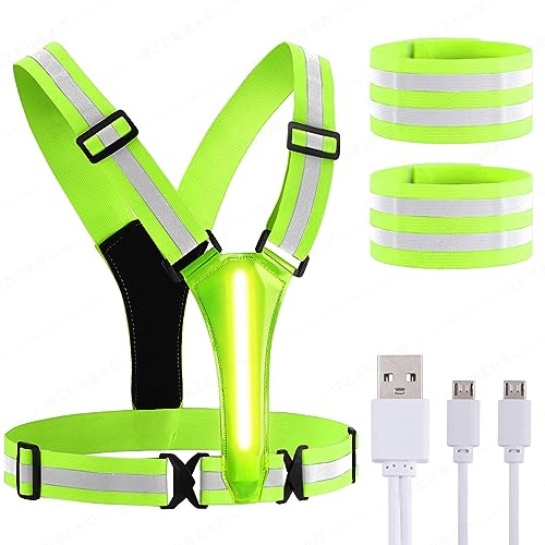 LUZOON LED Sicherheitsweste mit Riemen, Wiederaufladbar Warnweste Reflektorband Fahrrad Weste Verstellbaren Laufweste Herren Damen mit 2 Reflektorbündchen
