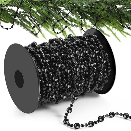 Pangda 49 ft Beaded Garland for Christmas Tree Plastic Artificial Pearl Strands String Beads Trim Roll Chain for Xmas DIY Craft Party Decoration Table Centerpiece Wedding Bouquet(Black)