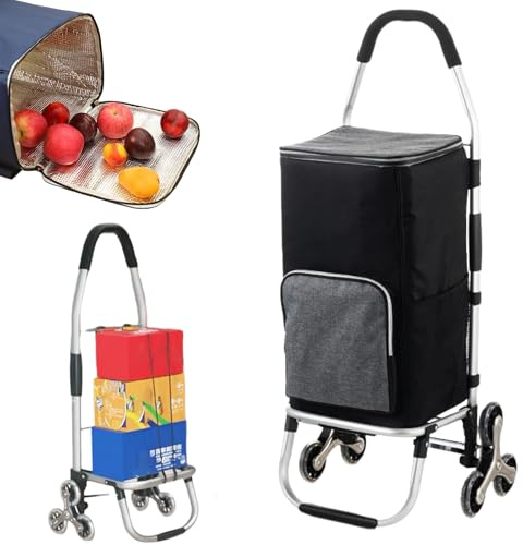 SADOMAIN Einkaufstrolley, Klappbar, Stabiler Einkaufswagen, mit Kühlfach, Max. Belastbarkeit 75 kg, multifunktional, Handwagen mit Rollen, Wasserdichter abnehmbare Tasche (Black)