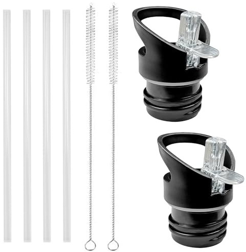 2 Pièces Bouchon Gourde, Bouchon Gourde Isotherme avec Paille et Brosse Nettoyage, Durable Bouteille Couvercle Paille, Noir Couvercle à Paille Rechange Compatible avec Plupart Bouteilles D'eau