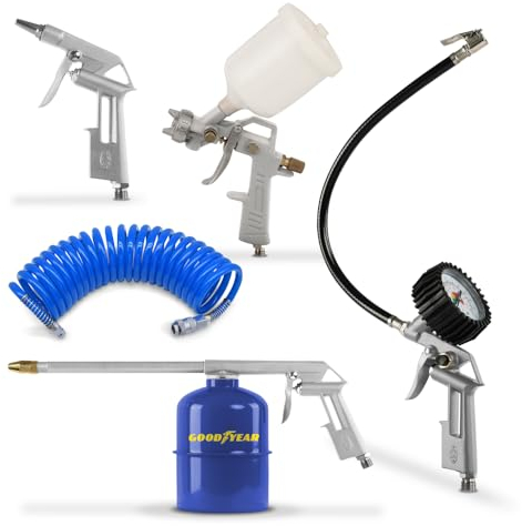 Goodyear - Kit aria per compressore professionale 5 pezzi (pistola a soffiaggio, pistola a olio, pistola a vernice, pistola a gonfiaggio, tubo a spirale)