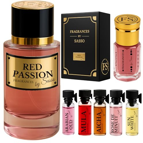 Red PASSION parfym - FRAGRANCES BY SASSO - lyxig set - parfymextrakt 50 ml + ren essens 3 ml + 5 prover fri - presentförpackning för män - generisk privat samling