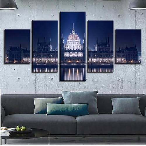 DEJJYYYZ 5 Teilig Leinwand Wanddeko Poster Home Decor Möbel Art Decor Nacht des Bauens Modern Wandbilder Wohnzimmer Dekoration Modular Canvas Poster Hd Drucke Mit Holzrahmen 100 * 55cm