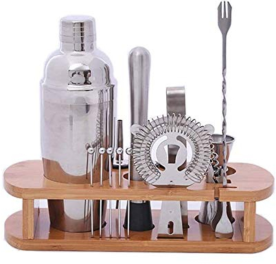 GeRRiT Cocktail Shaker Set Kit de Barman, kit de Bar Kit Boire Mélangeur Shaker Set, 16 pcs avec Support en Bambou, Boissons de mixage Accessoires de Bar à la Maison Bartending Professionnel/Cocktai