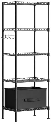 HOOBRO Metallregal mit 5 Ebenen, Küchenregal mit Schublade, Badezimmerregal, Standregal mit 5 Haken, Höhenverstellbar Gitterablage, für Küche, Wohnzimmer, Badezimmer, Balkon, Schwarz EBK25CJ01