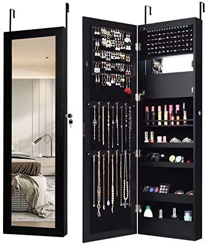COSTWAY Armoire à Bijoux Murale avec Miroir 12 LED, Meuble de Rangement Verrouillable Pleine Longueur, Organisateur de Bijoux avec Étagères de Rangement, Style Scandinave, Noir