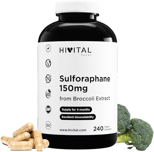 Sulforafano 150 mg. 240 cápsulas veganas para 4 meses de tratamiento. Extracto Natural de Brócoli concentrado 10:1 al 10% aportando 150 mg de Sulforafano. Fabricado en España por HIVITAL