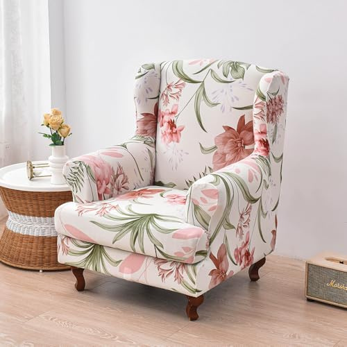 Highdi 2-Teilig Ohrensessel Überzug, Blumenmuster Sesselüberwürfe Ohrensessel Schonbezüge Bezug Elastisch Sesselhusse Sesselbezug Tiger Stuhlbezug mit Armlehne Hohe Rückenlehne (Rote Blume)