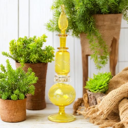 Botella de perfume de vidrio soplado amarillo hecha a mano con elegante grabado floral | Perfume decorativo de vidrio coleccionable | Ideal para regalar y decoración del hogar | Decantador de perfume