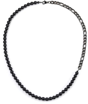 PiercingJak Herren Halskette Schwarz Achat Perlenkette + Edelstahlkette | Steine Kette Gliederkette Panzerkette Männer Kristallkette Schlichte Charms Schmuck Geburtstag Geschenk für Mann, 48cm