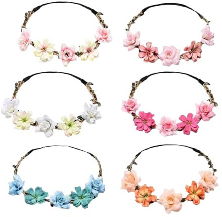 YILANJIN Blumen Kranz Stirnband, 6 Stück Blumenkranz Haare Krone für Damen, Hochzeit Blumenkranz für Mädchen, Mehrfarbig Blumenstirnband Verstellbarer Gürtel für Festivals, Party, Geburtstage