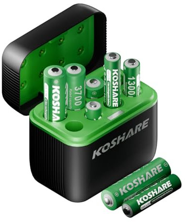 Lot de 4 piles au lithium rechargeables 1,5 V AA AAA avec chargeur, 3700 mWh double A et 4 piles triple A de 1300 mWh, haute capacité, rechargeables jusqu'à 1200 fois (noir + vert)