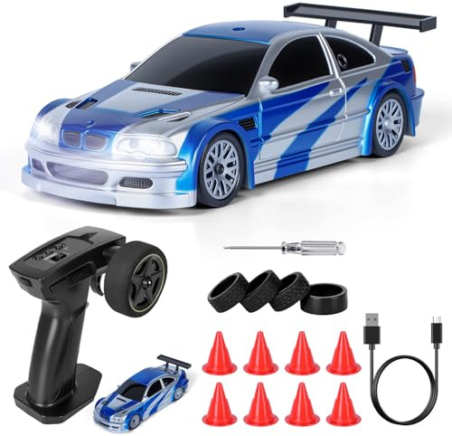 JONRRYIN Drift Auto Ferngesteuert, 1:43 Mini Drift Car, 4WD Tabletop Drift RC Car, Ferngesteuertes Auto ab mit LED Leuchten, 15 km/h, Spielzeugauto für Kinder ab 14 Jahre (Blau - Standard)