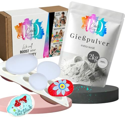PD Gießpulver Set, 4x 500g Starterset inkl. Silikonform Stein, Anleitung deutsch, Sauberes Arbeiten, Geruchlos, Ungiftig Hochweiß & Detailgenau, gipspulver zum gießen, ab 14 Jahren