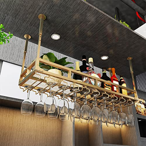 GLMGBP Flaschenregal Weinglashalter, Vintage Hängender Weinflaschenhalter, Eisen Weinglasregal Deckendekorationsregal, Für Bars, Restaurants, Küchen Umgedrehte Weinregale,Gold-80x25cm