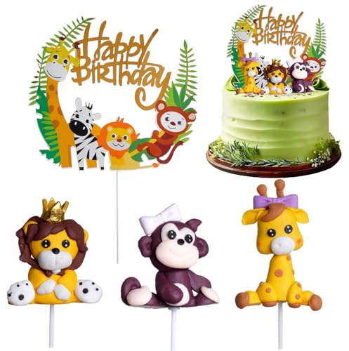 Jungle Animal Cake Toppers, Safari Cake Topper Happy Birthday Cake Toppers Cake Decorations Fox, Tiger, Giraffe Cake Topper for Boy Girl, Birthday Shower Party Supplies