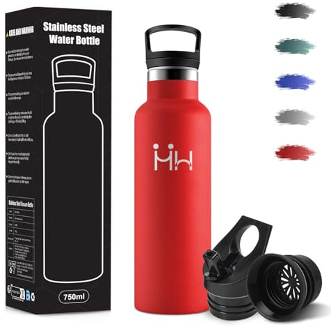 Borraccia Termica, 500 ml Senza BPA, Borracce Termiche, 18/8 Acciaio Inossidabile, Borraccia Acciaio Inox, Bottiglia Acqua Con Cannuccia e 2 Coperchi, Borracce per Scuola, Yoga, Alpinismo - Rosso