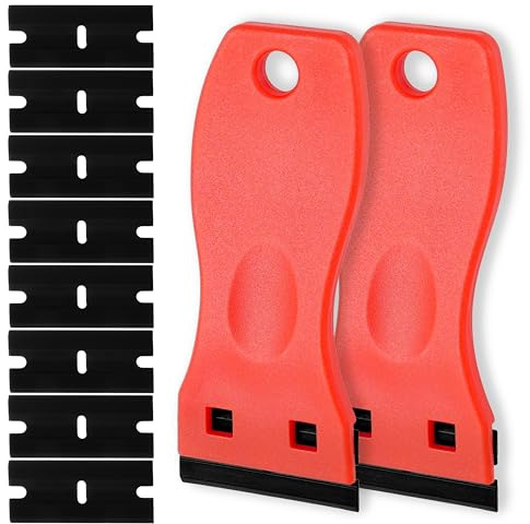 2-Pack Plastic Scraper Tool with 8 Double-Sided Spares, Non-Scratch Sticker Remover for Car Glass, Kitchen Hobs & Window Tint, Safe Adhesive Cleaning Gadget for Labels & Decals