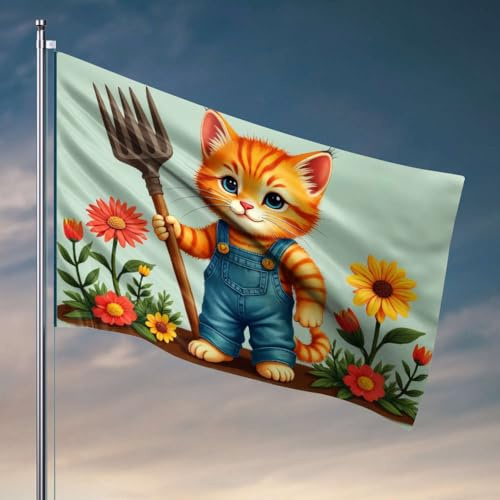 Bandiere per uomo caverna un simpatico gattino in tuta che tiene un forcone, circondato da fiori colorati. Bandiera grotta Man Bar Tiki Bar per patio esterno (152 x 244 cm)